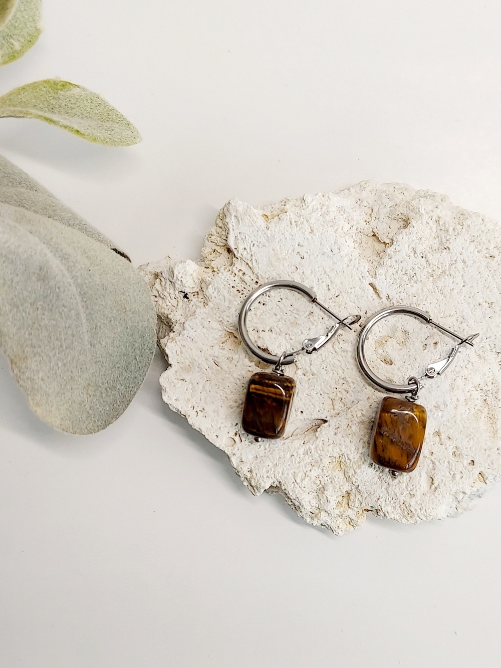 Sterling Hoop Earrings with Brown Tiger's Eye Drops